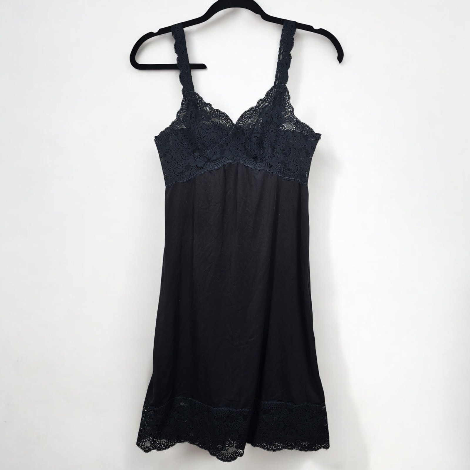 Vintage Olga Black Lace Trim Full Slip Women Size 34 Lingerie Nightgown Elegant